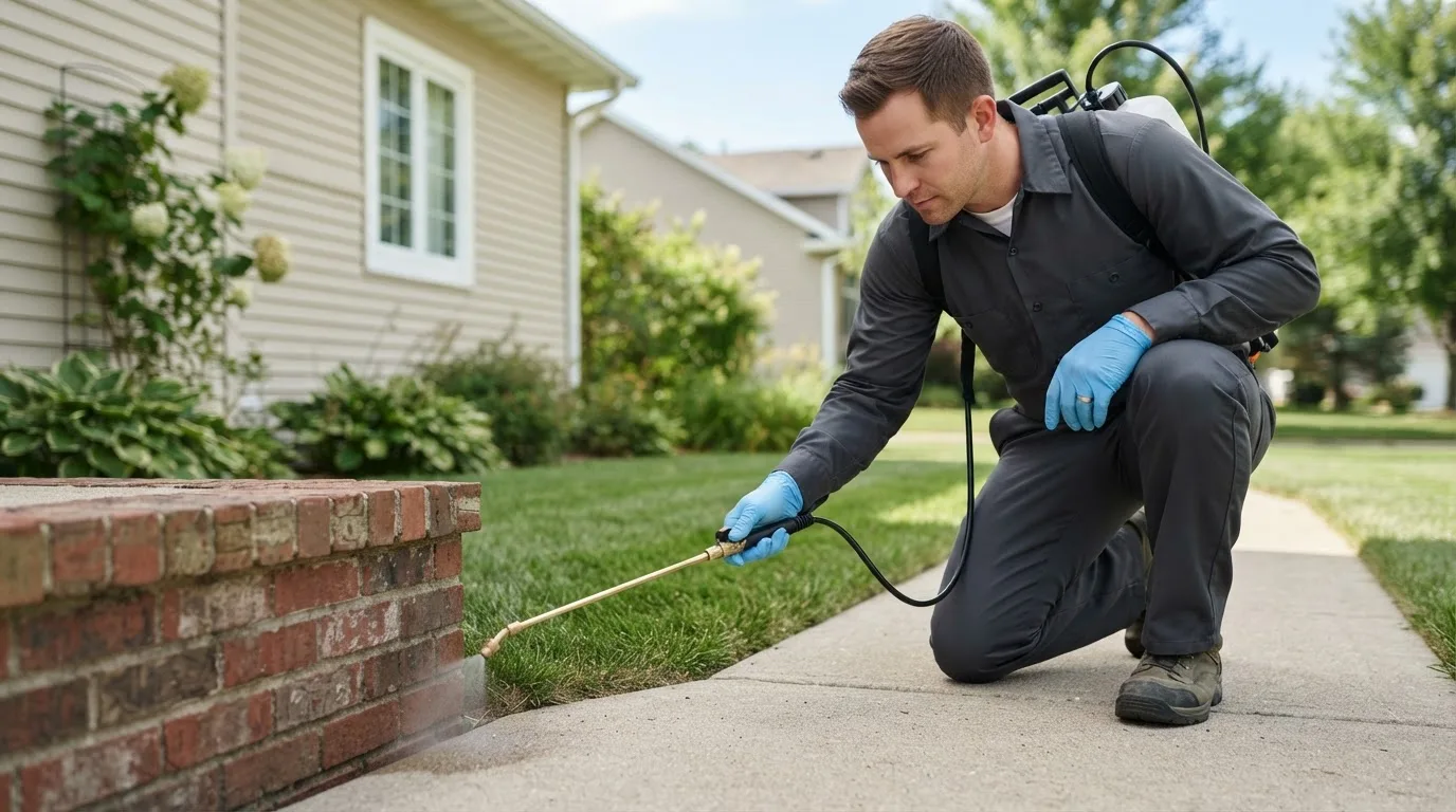 Pest control technician treating a home near Lakota, ND
