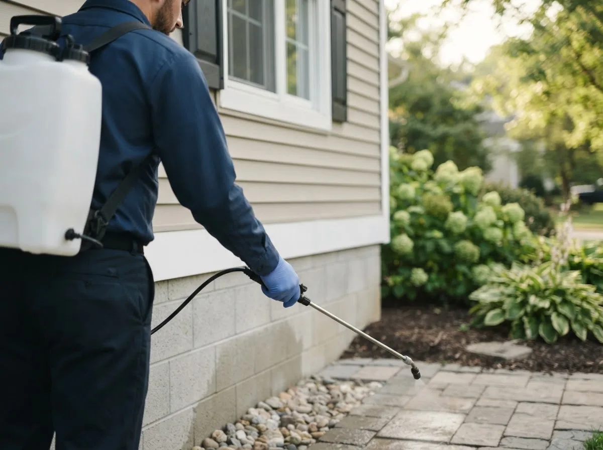 Pest control technician inspecting a home in Lakota, ND